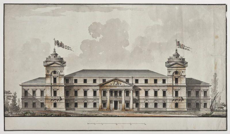 Giacomo Quarenghi (1744–1817) (active in Saint Petersburg) Nieborów. The Radziwiłł Palace. Facade. Design for unrealised alteration, ca. 1800 drawing on paper, 36,8 × 64,0 cm The Radziwiłł Palace. Facade